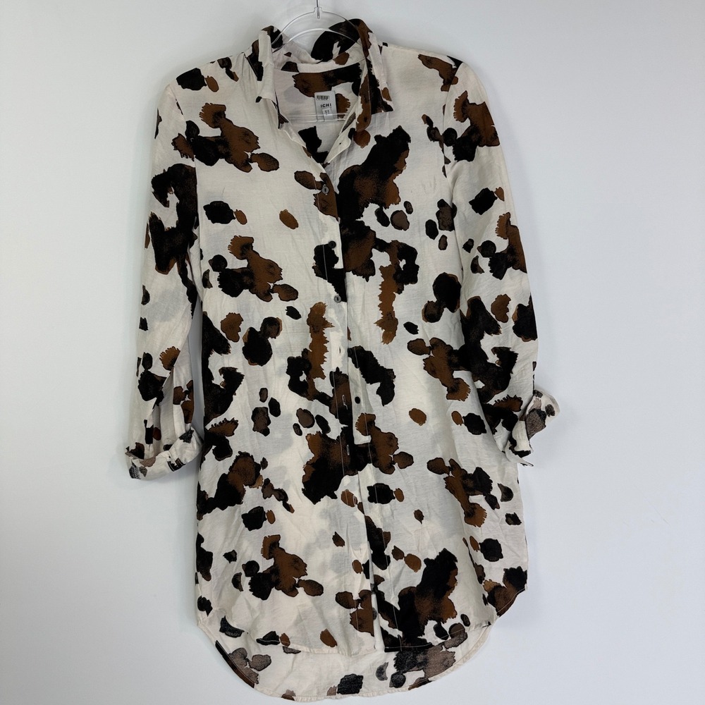 ICHI Conata Cow Print Button Down Shirt Womens 36 Small $125 White Animal Print
